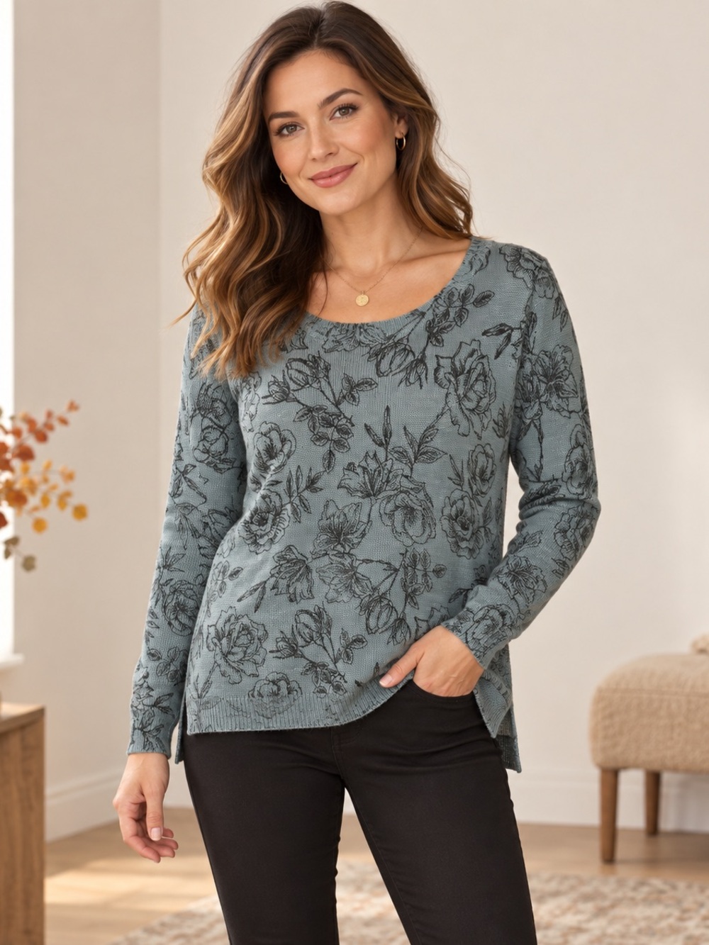 Cleo Blue Grey Floral Rose Print Wool Blend Sweater Size M